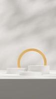 Modello di rendering 3d mockup di podio bianco in verticale con sfondo ombra solare e sfondo giallo foto
