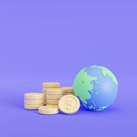 globo o terra con una pila di monete d'oro, concetto finanziario mondiale, illustrazione 3d foto