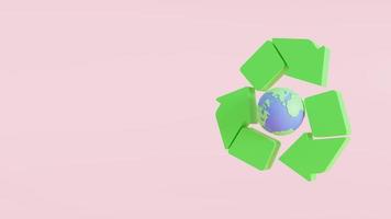 riciclaggio globale. modello della terra con un simbolo di riciclo. copia spazio, illustrazione 3d foto