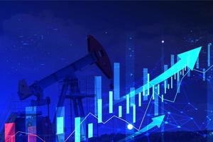 grafico di crescita e aumento dei prezzi per la produzione di petrolio sul mercato dei cambi. pompa dell'olio sullo sfondo di un cielo viola e la crescita di quotazioni finanziarie, futures, grafici. esposizione doppia. foto