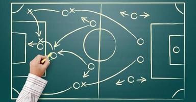 schema tattico di gioco di calcio con giocatori di football e frecce strategiche. foto