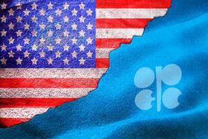 opec contro gli Stati Uniti, la crisi delle relazioni degli Stati Uniti d'America con l'Opec, rendering 3d di bandiera sullo sfondo del conflitto per questioni relative al commercio di petrolio, gli Stati Uniti e l'Opec hanno entrambi dominato il mercato globale del petrolio e del gas di scisto foto