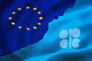 opec vs ue, il rapporto dell'unione europea è in crisi con l'opec, rendering 3d bandiera sfondo conflitto per questioni relative al commercio di petrolio, gli stati uniti e l'opec hanno entrambi dominato il mercato globale del petrolio e del gas di scisto