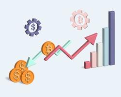 frecce di crescita e caduta del grafico pilastri del grafico e monete. il concetto di crisi finanziaria. rendering 3D foto