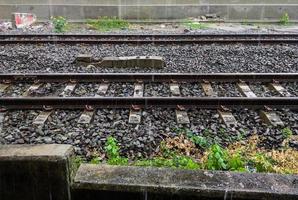 il doppio binario della linea ferroviaria sotto la pioggia battente dopo il temporale. foto