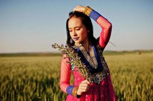 tenera ragazza indiana in saree, con labbra viola compongono poste in campo al tramonto. modello indiano alla moda. foto