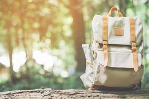 zaino hipster passeggiata nella foresta accessori da viaggio e mappa sul tronco di legname. vista dal retro borsa del viaggiatore turistico sull'albero della foresta di sfondo. concetto vacanze viaggio. foto