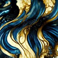 miscelazione acrilico dipingere, liquido dipingere astratto blu con oro e nero foto