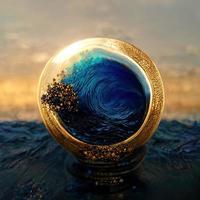 blu onda con oro scintille nel un' oro squillo. bellissimo mare sfondo. acqua e oro. Ciao tecnico. ai. foto