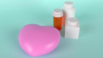 il rosa cuore e medicina bottiglia per Salute soddisfare 3d resa. foto