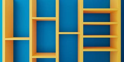 3d interpretazione di vuoto scaffale giallo blu parete astratto minimo concetto sfondo di tendenza. scena per pubblicità, mostrare, tecnologia, striscione, ragazzo, figli, interno. illustrazione. Prodotto Schermo foto