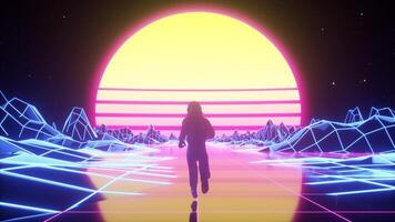 astronauta corre circondato di lampeggiante neon luci. retrò anni 80 stile synthwave sfondo. 3d illustrazione foto