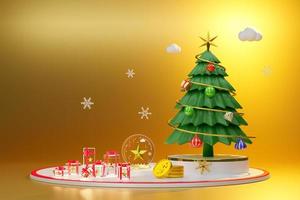 neve globo e Natale albero con neve fiocchi e ornamenti nel oro composizione per moderno palcoscenico Schermo e minimalista modello ,concetto Natale e un' festivo nuovo anno, 3d illustrazione o 3d rendere foto