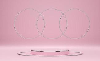 podio vuoto con forme geometriche in composizione pastello rosa per la visualizzazione scenica moderna e mockup minimalista, sfondo astratto della vetrina, illustrazione 3d concettuale o rendering 3d foto
