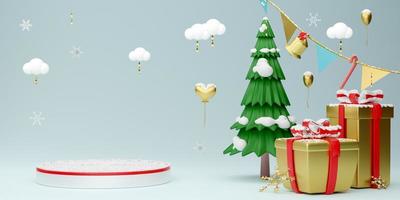 podio vuoto con Natale albero con regalo scatola nel cielo blu pastello composizione per moderno palcoscenico Schermo e minimalista modello ,concetto Natale e un' festivo nuovo anno, 3d illustrazione o 3d rendere foto