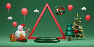 podio e pupazzo di neve con Natale albero e geometrico forme nel verde composizione per sito web o manifesto o felicità carte, natale bandiera e festivo nuovo anno, realistico 3d illustrazione o 3d rendere foto