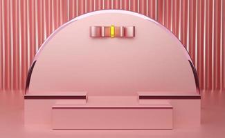 podio vuoto con geometrico forme e tenda nel rosa pastello composizione per moderno palcoscenico Schermo e minimalista modello ,astratto vetrina sfondo ,concetto 3d illustrazione o 3d rendere foto