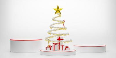 podio vuoto e Natale albero con regalo scatola e ornamenti nel bianca composizione per moderno palcoscenico Schermo e minimalista modello ,concetto Natale e un' festivo nuovo anno, 3d illustrazione o 3d rendere foto