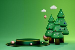 podio vuoto con Natale albero nel verde composizione per sito web o manifesto o felicità carte, natale bandiera e festivo nuovo anno, realistico 3d illustrazione o 3d rendere foto