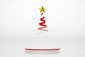 podio vuoto e Natale albero con regalo scatola e ornamenti nel bianca composizione per moderno palcoscenico Schermo e minimalista modello ,concetto Natale e un' festivo nuovo anno, 3d illustrazione o 3d rendere foto