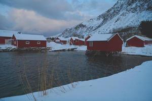 tradizionali cabine e barche di pescatori norvegesi foto