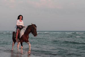 donna nel estate Abiti gode equitazione un' cavallo su un' bellissimo sabbioso spiaggia a tramonto. selettivo messa a fuoco foto