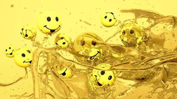 emoji icone con facciale espressioni Sorridi giallo viso palla con acqua spruzzata. sociale media concetto. giallo sfondo 3d interpretazione foto