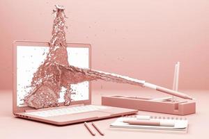 penna spruzzi rosa idea per il computer portatile su rosa moderno scrivania. 3d interpretazione foto