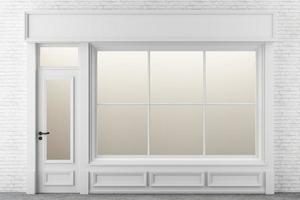 negozio davanti. esterno orizzontale finestre vuoto per il tuo memorizzare Prodotto presentazione o design soffitta stile con mattone parete 3d interpretazione foto