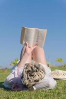 donna dire bugie e lettura sua preferito libro su un' prato coperto con fresco verde erba su un' soleggiato estate o primavera giorno. foto