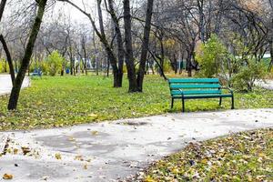 bagnato sentiero e vuoto verde panchina nel parco nel autunno foto