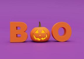 fischio contento Halloween giorno, lettering design con sorridente zucca su viola sfondo, trucco o trattare, 3d rendere foto