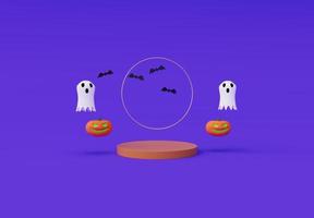 3d interpretazione di Halloween volante sinistro, fantasma, zucca, podio, pipistrello, minimo Halloween sfondo design elemento foto