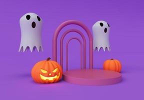 3d interpretazione di Halloween volante sinistro, fantasma, zucca, podio, minimo Halloween sfondo design elemento foto