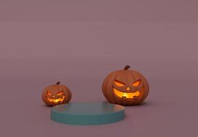 3d interpretazione di Halloween zucca, podio, dentro candela incandescente, minimo Halloween sfondo design elemento foto