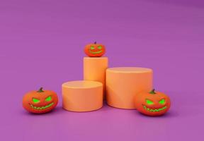 3d interpretazione di Halloween zucca superiore di podio dentro candela incandescente, minimo Halloween sfondo design elemento foto