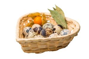 Quaglia uova nel un' cestino su bianca sfondo foto
