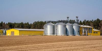 moderno granaio ascensore. argento silos su agro-trasformazione e produzione pianta per in lavorazione essiccazione pulizia e Conservazione di agricolo prodotti, Farina, cereali e grano. seme pulizia linea foto