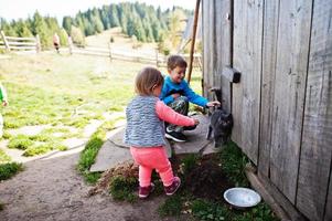 bambini che giocano con il gatto nel villaggio di montagna. foto