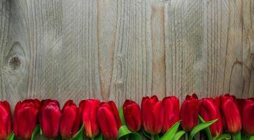 festivo saluto carta con mazzo di fioritura rosso tulipani. primavera sfondo con copia spazio. foto