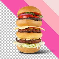 vicino su Visualizza di molto alto mucchio di cheeseburger isolato. foto