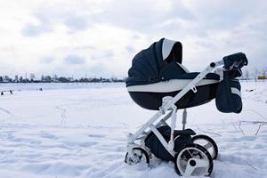 il bambino dorme nel un' passeggino nel il inverno. il concetto di inverno passeggiate con bambini nel il fresco aria. foto