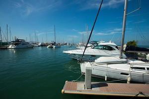 molti lusso yachts galleggiante su cristallo chiaro mare nel marina baia club, costoso privato barca restare calma nel attracco molo sotto estate blu cielo verde oceano foto