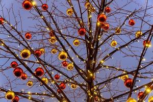 Natale e nuovo anno vacanze sfondo. albero senza le foglie decorato con rosso e oro palle. foto