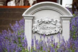 benvenuto cartello su pietra sfondo con lavanda fiore foto