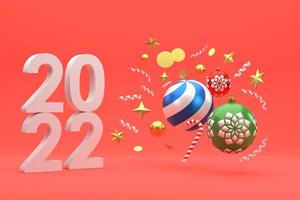 2022 festivo celebrazioni per Natale e nuovo anno festa Natale palle nastri regalo scatole su rosso sfondo. foto