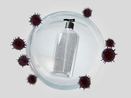 mockup del virus della corona del gel dell'alcool progettazione del rendering 3d foto