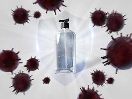 mockup del virus della corona del gel dell'alcool progettazione del rendering 3d foto