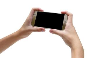 mano che tiene cellulare smart phone isolato su sfondo bianco, tracciato di ritaglio foto