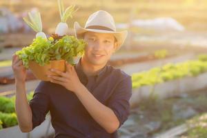 ritratto giovane uomo asiatico sorridente raccolto e raccogliendo fresco orto biologico in cestino nella fattoria idroponica, agricoltura e coltivazione per cibo sano e concetto di business. foto